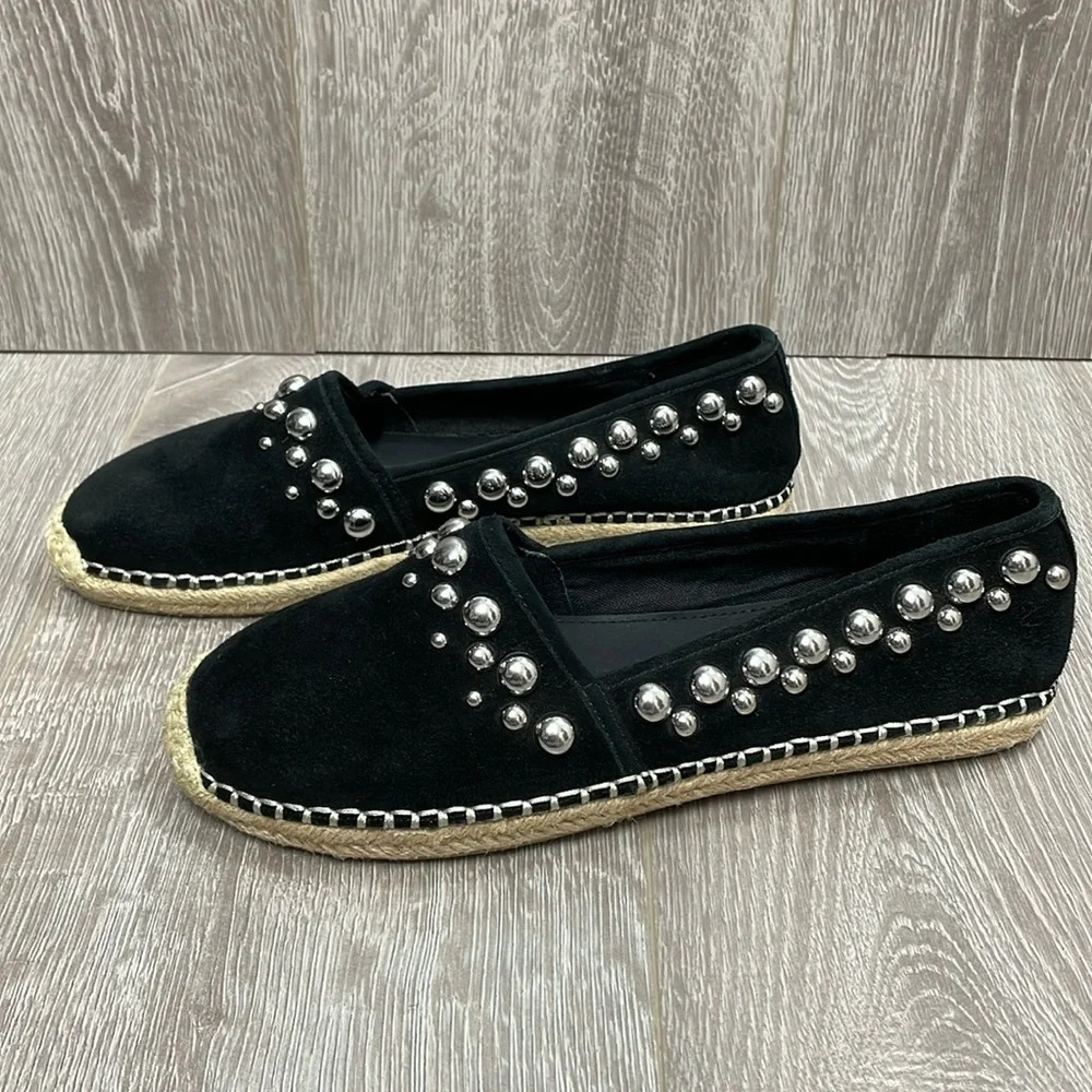 NWOT B Brian Atwood Studded Eli Black Suede Leather Espadrille Flats 8.5